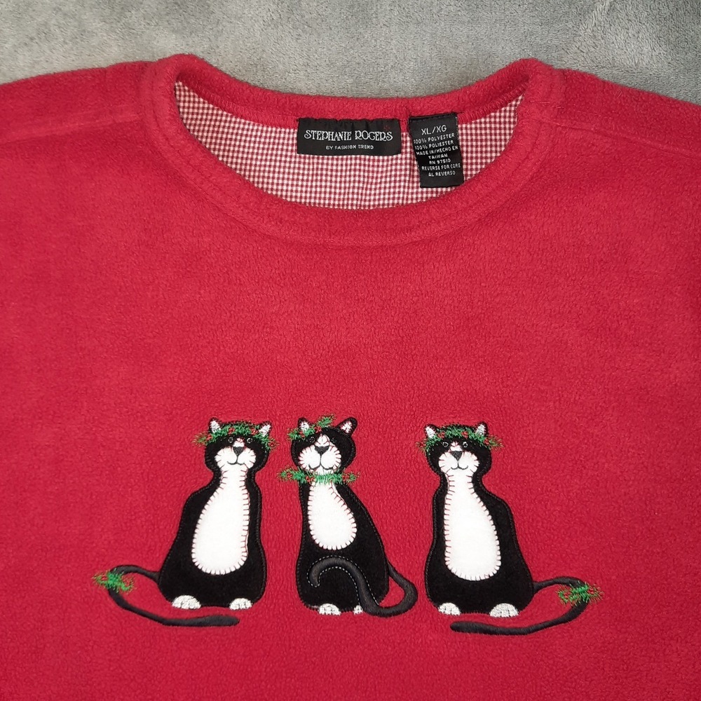 VTG‎ Christmas Cats Fleece Top Womens XL Red Kitty Mouse Embroidered Grandma 90s